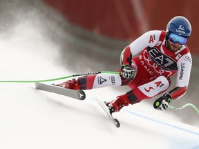 Austria's Marco Schwarz competes during the first run of an alpine ski, men's World Cup combined, in Bansko, Bulgaria, Friday, Feb. 22, 2019.
