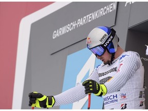 Italy's Dominik Paris concentrates at the start of an alpine ski, men's World Cup downhill training, in Garmisch Partenkirchen, Germany, Friday, Feb. 1, 2019.
