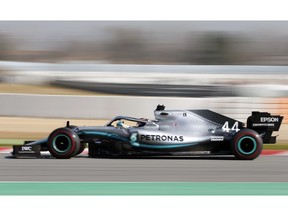 Mercedes driver Lewis Hamilton of Britain steers his car during a Formula One pre-season testing session at the Barcelona Catalunya racetrack in Montmelo, outside Barcelona, Spain, Thursday, Feb.21, 2019.