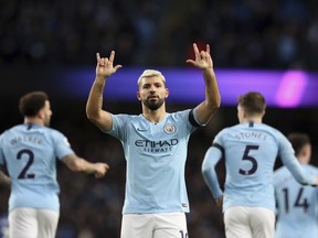 Manchester City's Sergio Aguero celebrates after scoring his side's fifth goal during the English Premier League soccer match between Manchester City and Chelsea at Etihad stadium in Manchester, England, Sunday, Feb. 10, 2019.