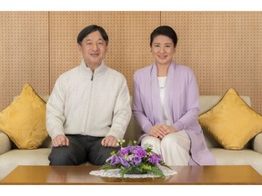 In this Feb. 17, 2019, photo provided by the Imperial Household Agency of Japan, Japan's Crown Prince Naruhito and Crown Princess Masako pose for a photo at their residence Togu Palace in Tokyo. Naruhito celebrates his 59th birthday on Saturday, Feb. 23, 2019. (Imperial Household Agency of Japan via AP)