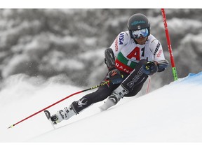 United States' Tommy Ford speeds down the course during a men's World Cup giant-slalom, in Bansko, Bulgaria, Sunday, Feb. 24, 2019.
