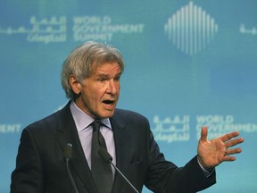 American actor Harrison Ford speaks about ocean conservation at the World Government Summit in Dubai, United Arab Emirates, Tuesday, Feb. 12, 2019. Ford offered an emphatic plea for protecting the world's oceans while calling out U.S. President Donald Trump and others who "deny or denigrate science."