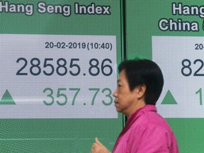 A woman walks past an electronic board showing Hong Kong share index outside a bank in Hong Kong, Wednesday, Feb. 20, 2019. Shares were mostly higher in Asia on Wednesday after a modestly high finish on Wall Street that extended the market's gains into a fourth week.