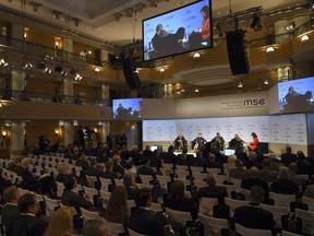 Former Prime Minister of Denmark Helle Thorning-Schmidt, from left, Henrietta H. Fore, Executive Director United Nations International Children's Emergency Fund, Kumi Naidoo, Secretary General Amnesty International andTawakkol Karman, chairwoman, Woman Jouirnalists Without Chainsduring during podium discussion at the Munich Security Conference in Munich, Germany, Sunday, Feb. 17, 2019.