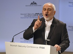 Iranian Foreign Minister Mohammad Javad Zarif speaks during the Munich Security Conference in Munich, Germany, Sunday, Feb. 17, 2019.
