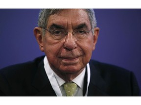 FILE - In this Nov. 13, 2015 file photo, Costa Rican 1987 Nobel peace laureate and former president of Costa Rica, Oscar Arias, looks at the media during the opening ceremony of the XV World Summit of Nobel Peace Laureates at the University in Barcelona, Spain. Arias has been accused of sexual assault by a nuclear disarmament activist, a charge he denies. She filed a criminal complaint on Monday, Feb. 4, 2019.