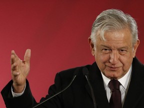 FILE - In this Jan. 9, 2019 file photo, Mexican President Andres Manuel Lopez Obrador speaks during a press conference in Mexico City. Lopez Obrador announced on Friday, Feb. 15, 2019, a $3.9 billion bailout for the cash-strapped state-owned Pemex oil company.