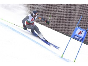 Slovakia's Andreas Zampa speeds down the course during a men's World Cup giant-slalom, in Bansko, Bulgaria, Sunday, Feb. 24, 2019.