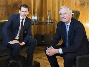 CORRECTS LEFT AND RIGHT -- Austrian Chancellor Sebastian Kurz, left, and European Union chief Brexit negotiator Michel Barnier, right, pose prior to a meeting at the federal chancellery in Vienna, Austria, Thursday, Feb. 28, 2019.