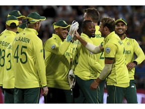 South Africa celebrates the wicket of Pakistan's Mohammad Rizwan during their T20 cricket match between South Africa and Pakistan at the Newland's Cricket Ground in Cape Town, South Africa, Friday, Feb. 1, 2019.