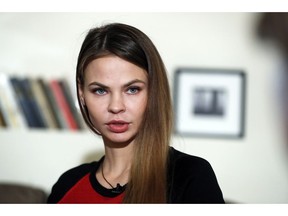 Belarusian model Anastasia Vashukevich, also known on social media as Nastya Rybka, talks during an interview with the Associated Press in Moscow, Russia, Friday, Feb. 1, 2019.  Anastasia Vashukevich who has claimed to have information on the ties between Russians and the Donald Trump election campaign says that she has turned it over to Russian billionaire businessman Oleg Deripaska.