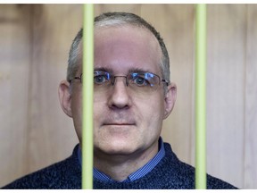 Paul Whelan, a former U.S. Marine, who was arrested in Moscow at the end of last year, attends a hearing in a court in Moscow, Russia, Friday, Feb. 22, 2019. A Moscow court has extended arrest for the American who was detained at the end of December for alleged spying.