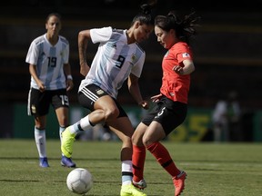 Argentina's Florencia Jaimes, left, and South Korea's Selgi Jang compete for the ball during their Cup of Nations soccer game in Sydney, Thursday, Feb. 28, 2019.