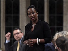 Celina Caesar-Chavannes rises during Question Period in the House of Commons on Parliament Hill in Ottawa on Friday, May 25, 2018.