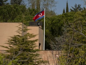 A flag of North Korea waves in the wind on a post at the North Korean Embassy on March 27, 2019 in Madrid, Spain. The North Korean Embassy was raided last February by 10 people. According to the High Court judge, the gang interrogated diplomats inside the embassy, stole hardware, and escaped on a flight to New York from Lisbon.