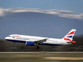 In this file photo - A British Airways Airbus A320 commercial plane with registration G-TTOB is landing at Geneva Airport on March 22, 2019