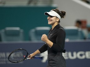 Bianca Andreescu, of Canada, reacts after winning her match against Angelique Kerber, of Germany, during the Miami Open tennis tournament Sunday, March 24, 2019, in Miami Gardens, Fla.