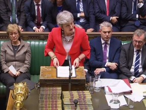 A video grab from footage broadcast by the UK Parliament's Parliamentary Recording Unit (PRU) shows Britain's Prime Minister Theresa May speaking to the house after losing the second meaningful vote on the government's Brexit deal, in the House of Commons in London on March 12, 2019.
