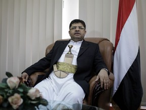 The head of the revolutionary committee of Yemen's Shiite Houthi rebels, Mohammed Ali al-Houthi speaks to a reporter during an interview with Associated Press in Sanaa, Yemen, Tuesday March 19, 2019.