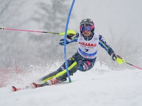 Sweden's Frida Hansdotter speeds down the course during an Alpine Skiing World Cup women's Giant Slalom, in Spindleruv Mlyn, Czech Republic, Saturday, March. 9, 2019.