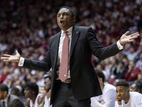 Alabama head coach Avery Johnson reacts to a ref's call against LSU during the first half of an NCAA college basketball game, Saturday, March 2, 2019, in Tuscaloosa, Ala.