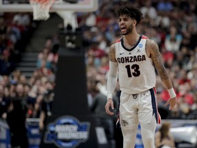 Gonzaga guard Josh Perkins reacts during the first half of the team's West Regional final against Texas Tech in the NCAA men's college basketball tournament Saturday, March 30, 2019, in Anaheim, Calif.