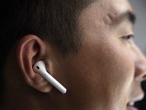 The new Apple AirPods are demonstrated during an event to announce new products on Wednesday, Sept. 7, 2016, in San Francisco. (AP Photo/Marcio Jose Sanchez) ORG XMIT: FX166