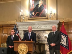 Arkansas Gov. Asa Hutchinson speaks at a news conference about a ruling against the state's work requirement for its Medicaid expansion program at the state Capitol in Little Rock, Ark., Thursday, March 28, 2019.