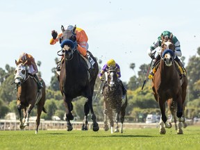 This image provided by Benoit Photo shows Law Abidin Citizen and jockey Tiago Pereira, second from left, outlegging Mesut (Geovanni Franco), left, Air Vice Marshal (Martin Garcia), third from left, and Cistron (Rafael Bejarano), right, to win the Grade III, $100,000 San Simeon Stakes, Sunday, March 31, 2019 at Santa Anita Park, Arcadia Calif. (Benoit Photo via AP)