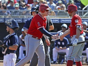 Los Angeles Angels' Justin Bour, middle, celebrates his run scored against the San Diego Padres with Peter Bourjos, right, as Padres catcher Austin Hedges, left, waits at home plate during the first inning of a spring training baseball game Sunday, March 17, 2019, in Peoria, Ariz.