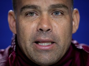 Venezuela's national soccer team coach Rafael Dudamel attends a press conference in Madrid, Spain, Thursday, March 21, 2019. Venezuela will play a friendly soccer match against Argentina on Friday.