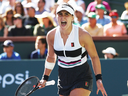 Bianca Andreescu of Canada celebrates a point against Angelique Kerber of Germany during their women's singles final at the BNP Paribas Open on March 17, 2019 in Indian Wells, California. Andreescu won the match and tournament.