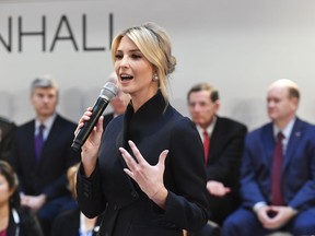 FILE - In this Feb. 16, 2019, file photo, Ivanka Trump daughter of the US President, addresses at a meeting during the Munich Security Conference in Munich, Germany. President Donald Trump's 2020 budget proposal will include $100 million for a global women's fund spearheaded by his daughter Ivanka Trump.