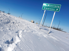 A road sign near Emerson, Manitoba, in February 2016.