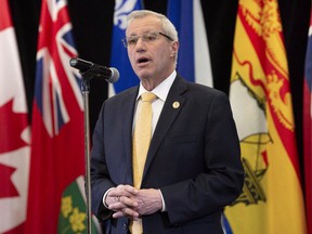 Ontario Finance Minister Vic Fedeli speaks with media following meetings with federal, provincial and territorial counterparts in Ottawa, Monday December 10, 2018. Finance Minister Vic Fedeli says Ontario's next budget will be released April 11. It will be the Progressive Conservative government's first budget, and Fedeli says it will show a path to balance.