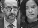 A composite image of Gerald Butts and Jody Wilson-Raybould at their testimonies.