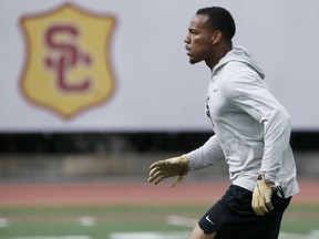 Southern California cornerback Iman Marshall runs through a drill during USC Pro Day, Wednesday, March 19, 2019, in Los Angeles. The Pro Day is intended to showcase talent to NFL scouts for the upcoming draft.