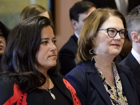 Liberal MPs Jody Wilson-Raybould and Jane Philpott take part in a cabinet shuffle at Rideau Hall in Ottawa on Monday, Jan. 14, 2019.