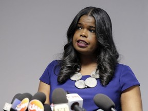 FILE - In this Feb. 22, 2019 file photo, Cook County State's Attorney Kim Foxx speaks at a news conference, in Chicago. Foxx says she's open to an outside investigation into her office's decision to drop all charges against Jussie Smollett. In a Friday night, March 29, 2019, op-ed for the Chicago Tribune, Foxx says a review about prosecutors' decision to dismiss all 16 felony counts against the "Empire" actor would help maintain the "community's trust."