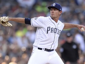 San Diego Padres starting pitcher Nick Margevicius works against a San Francisco Giants batter during the second inning of a baseball game Saturday, March 30, 2019, in San Diego.