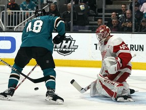 Detroit Red Wings goaltender Jimmy Howard (35) makes a save against San Jose Sharks center Tomas Hertl (48) during the first period of an NHL hockey game Monday, March 25, 2019, in San Jose, Calif.