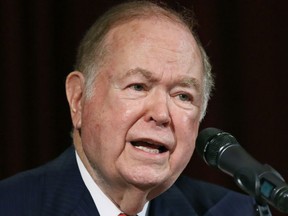 FILE - In this Sept. 20, 2017, file photo, University of Oklahoma President David Boren, a former Democratic governor and U.S. senator, speaks at a news conference in Norman, Okla. The allegations by Jess Eddy, a former University of Oklahoma student, appear to be at the center of an investigation being conducted for the university into whether Boren sexually harassed male subordinates. Boren has denied any inappropriate conduct in statements released by his attorneys.