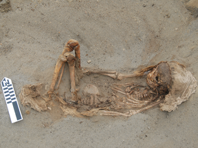 Bones belonging to a child are discovered in a Peruvian mass child sacrifice, allegedly to stop bad weather.