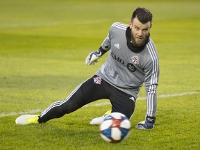 Toronto FC goalkeeper Quentin Westberg warms up ahead of MLS action against the New England Revolution in Toronto on Sunday, March 17, 2019.