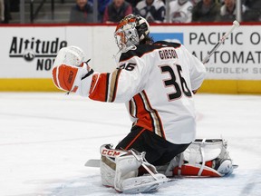 Anaheim Ducks goaltender John Gibson makes a glove save of a shot by the Colorado Avalanche during the first period of an NHL hockey game Friday, March 15, 2019, in Denver.