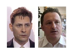 Michael Kovrig (left) and Michael Spavor, the two Canadians detained in China, are shown in these 2018 images taken from video. China's state news agency says two Canadians detained on suspicion of harming national security acted together to steal state secrets.