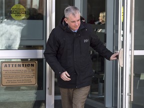Dennis Oland heads from the Law Courts in Saint John, N.B., during a lunch break on Wednesday, March 6, 2019. The defence is expected to conclude its case in the Dennis Oland murder trial today when the judge hearing the case visits the scene where his father's body was found.