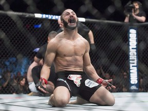 John Makdessi, from Canada, reacts after a TKO win over Shane Campbell also from Canada in their UFC 186 catchweight fight in Montreal on April 25, 2015. Montreal lightweight John (The Bull) Makdessi climbs into the Octagon on Saturday for the 16th time in his career, at a UFC show in Nashville. Among Canadians, only Georges St-Pierre (22), Patrick (The Predator) Cote (21) and Sam (Hands of Stone) Stout (20) have more UFC fights to their credit and all three are retired. The 33-year-old Makdessi, meanwhile, is going on strong.