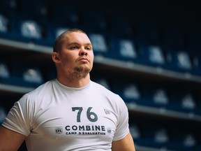 Defensive lineman Okko Outinen of Finland attends the CFL combine at the Goldring Centre in Toronto, Saturday, March 23, 2019.